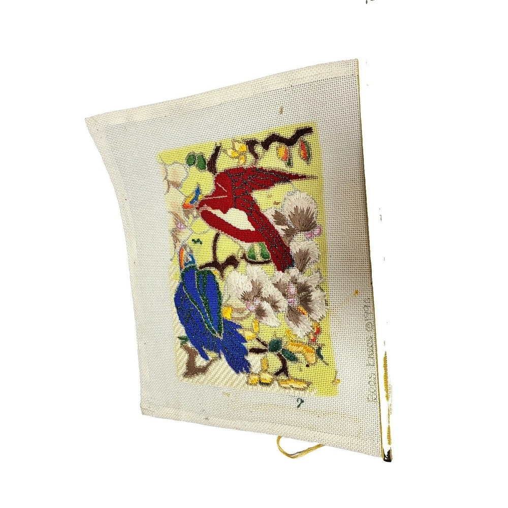 VTG  1990 Needlepoint Canvas Blue & Red Parrots Partially Stitched 11 .5 X 9.5